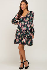 Black Floral V-Neck Satin Maternity Dress