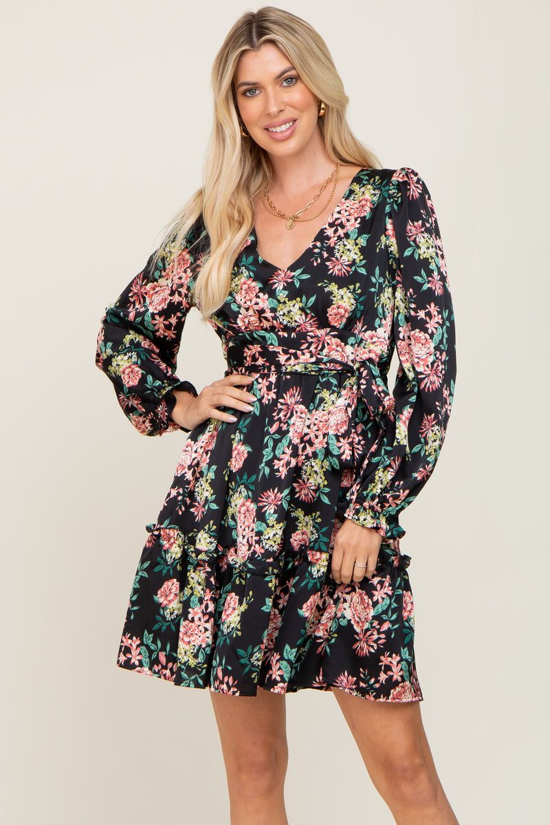 Black Floral V-Neck Satin Dress – PinkBlush