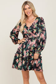 Black Floral V-Neck Satin Dress