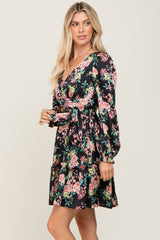 Black Floral V-Neck Satin Dress