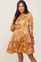 Orange Floral V-Neck Satin Maternity Dress