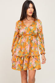 Orange Floral V-Neck Satin Dress