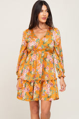 Orange Floral V-Neck Satin Maternity Dress