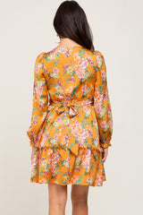 Orange Floral V-Neck Satin Dress