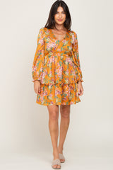 Orange Floral V-Neck Satin Dress