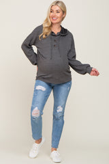 Charcoal Ribbed Button Front Maternity Hoodie