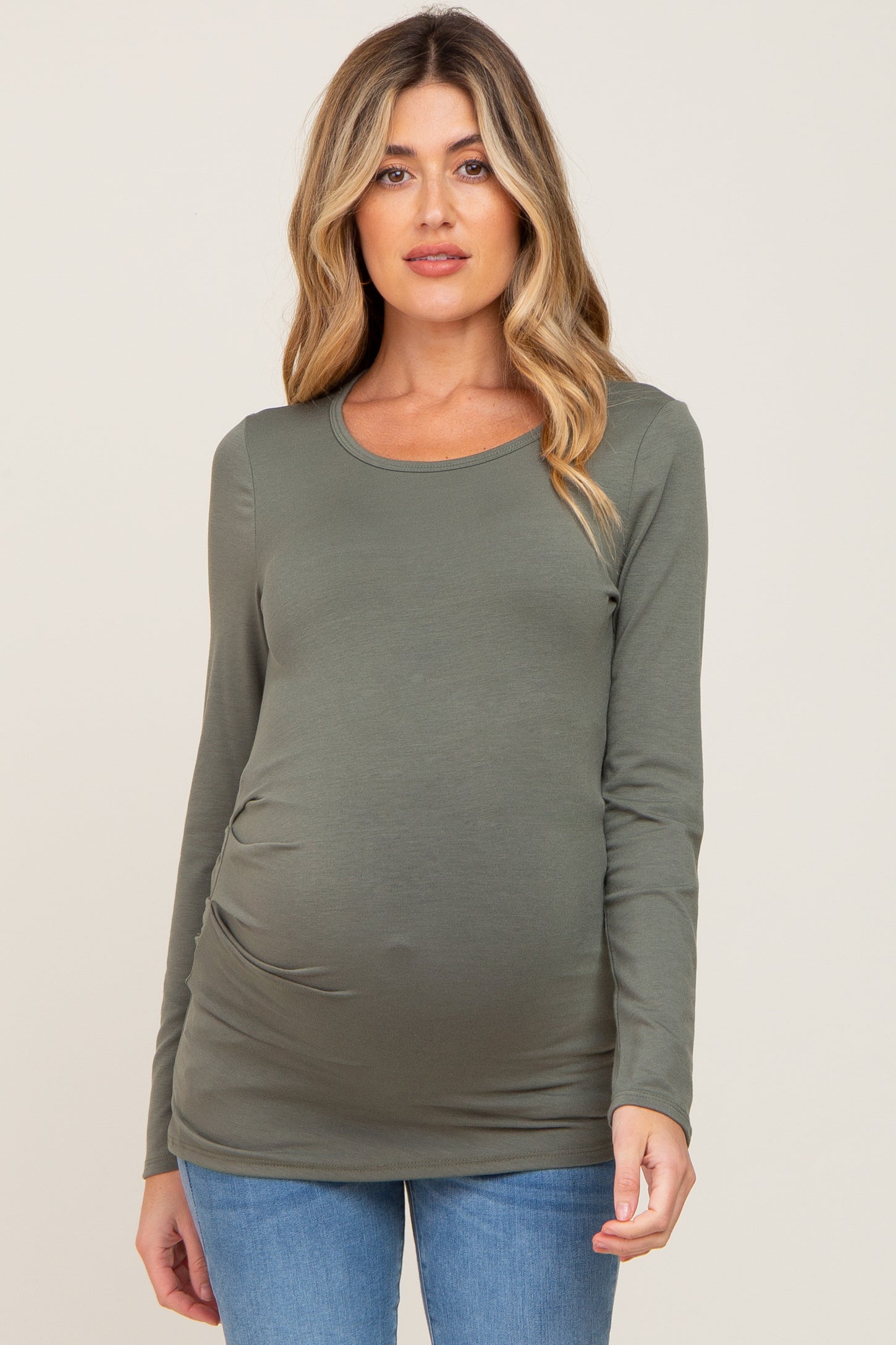 Olive Ruched Side Long Sleeve Maternity Top– PinkBlush