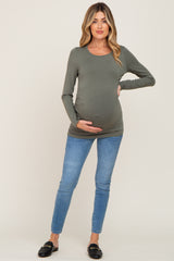 Olive Ruched Side Long Sleeve Maternity Top