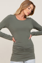 Olive Ruched Side Long Sleeve Top