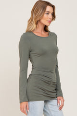 Olive Ruched Side Long Sleeve Top