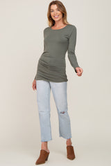 Olive Ruched Side Long Sleeve Top