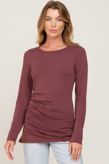 Burgundy Ruched Side Long Sleeve Maternity Top