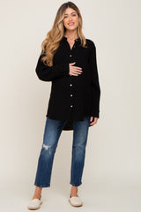 Black Frayed Hem Button Down Maternity Top