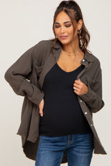 Olive Frayed Hem Button Down Maternity Top