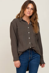 Olive Frayed Hem Button Down Maternity Top