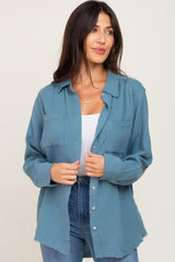 Blue Frayed Hem Button Down Top