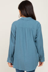 Blue Frayed Hem Button Down Top