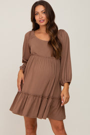 Mocha Ribbed Tied Back Maternity Mini Dress