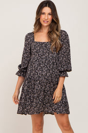 Black Floral Squared Neck 3/4 Sleeve Maternity Dress