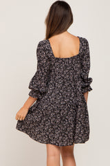 Black Floral Squared Neck 3/4 Sleeve Maternity Dress