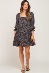 Black Floral Squared Neck 3/4 Sleeve Maternity Dress