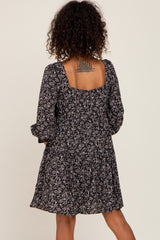 Black Floral Squared Neck 3/4 Sleeve Dress