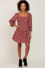 Burgundy Floral Squared Neck 3/4 Sleeve Dress