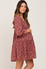 Burgundy Floral Squared Neck 3/4 Sleeve Maternity Dress