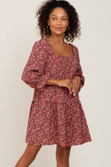 Burgundy Floral Squared Neck 3/4 Sleeve Maternity Dress