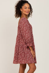 Burgundy Floral Squared Neck 3/4 Sleeve Dress