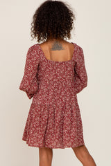 Burgundy Floral Squared Neck 3/4 Sleeve Dress