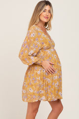 Yellow Floral Chiffon Pleated Long Sleeve Maternity Dress