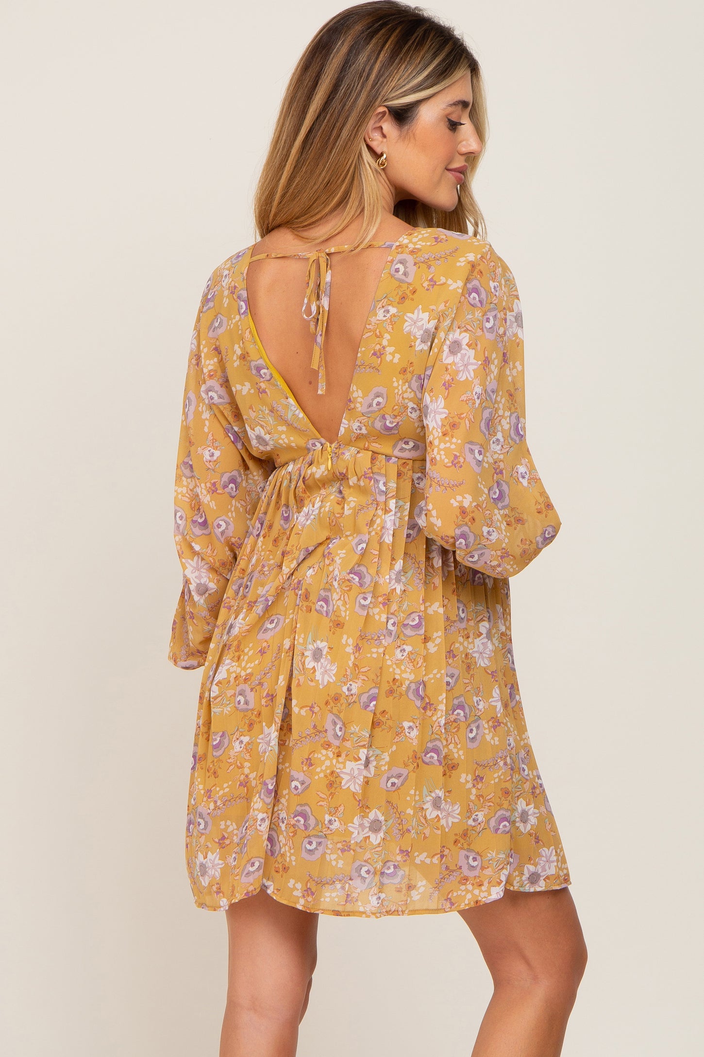 Yellow Floral Chiffon Pleated Long Sleeve Maternity Dress– PinkBlush