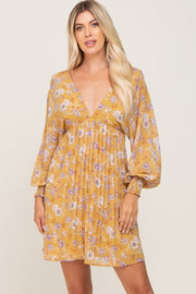 Yellow Floral Chiffon Pleated Long Sleeve Dress