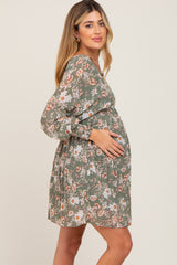 Sage Floral Chiffon Pleated Long Sleeve Maternity Dress