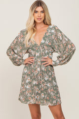 Sage Floral Chiffon Pleated Long Sleeve Maternity Dress