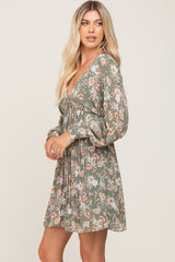 Sage Floral Chiffon Pleated Long Sleeve Dress