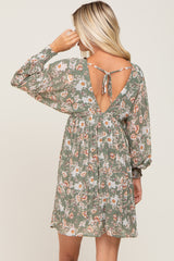 Sage Floral Chiffon Pleated Long Sleeve Dress