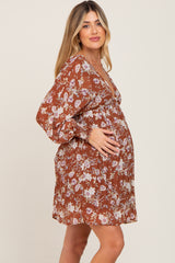 Camel Floral Chiffon Pleated Long Sleeve Maternity Dress