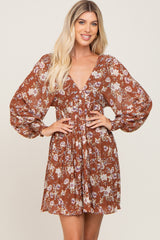 Camel Floral Chiffon Pleated Long Sleeve Maternity Dress