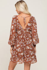 Camel Floral Chiffon Pleated Long Sleeve Dress