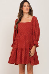 Rust Swiss Dot 3/4 Sleeve Maternity Dress