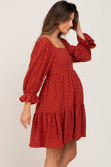 Rust Swiss Dot 3/4 Sleeve Maternity Dress