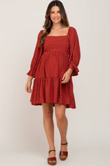 Rust Swiss Dot 3/4 Sleeve Maternity Dress