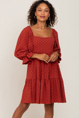 Rust Swiss Dot 3/4 Sleeve Maternity Dress