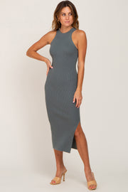 Olive Ribbed Sleeveless Side Slit Midi Dress