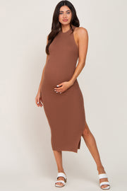 Mocha Ribbed Sleeveless Side Slit Maternity Midi Dress