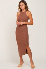 Mocha Ribbed Sleeveless Side Slit Midi Dress