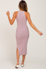 Mauve Ribbed Sleeveless Side Slit Midi Dress