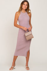 Mauve Ribbed Sleeveless Side Slit Midi Dress